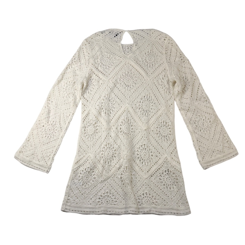 Joie White Crochet Diamond Lace Long Sleeve Mini Dress Keyhole Back Size Medium - Picture 3 of 8